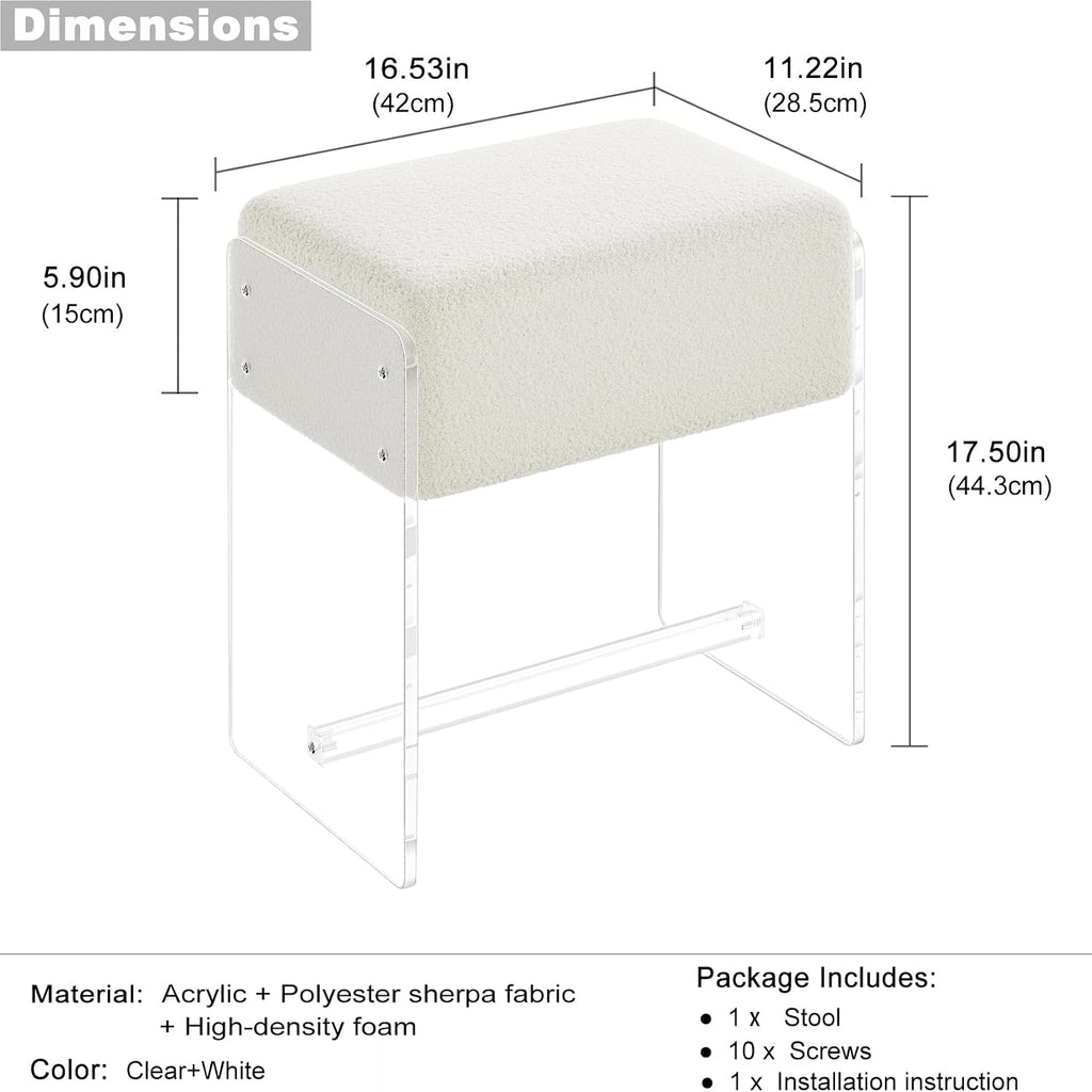 Vanity Stool Chair, Soft Ottoman with Clear Acrylic Legs, Modern Padded Seat Footstool for Entryway, Hallways, Bedrooms and Living Room (White)