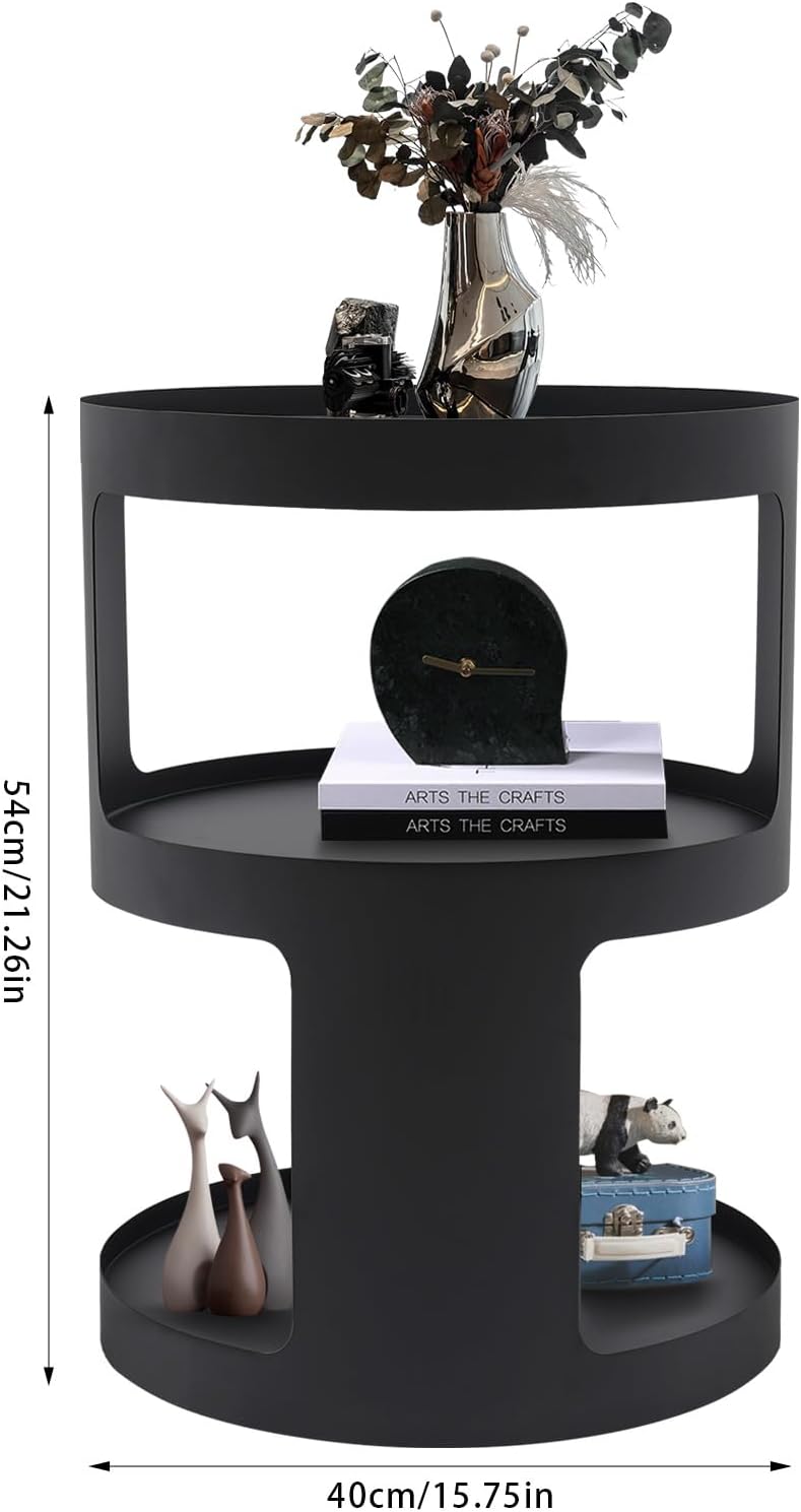 2-Layer Modern Side Table Round End Tables, Black Metal Nightstand Accent Table,Small Bed Side Table for Living Room Bedroom Indoor Outdoor Entryway Decoration