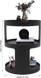 2-Layer Modern Side Table Round End Tables, Black Metal Nightstand Accent Table,Small Bed Side Table for Living Room Bedroom Indoor Outdoor Entryway Decoration
