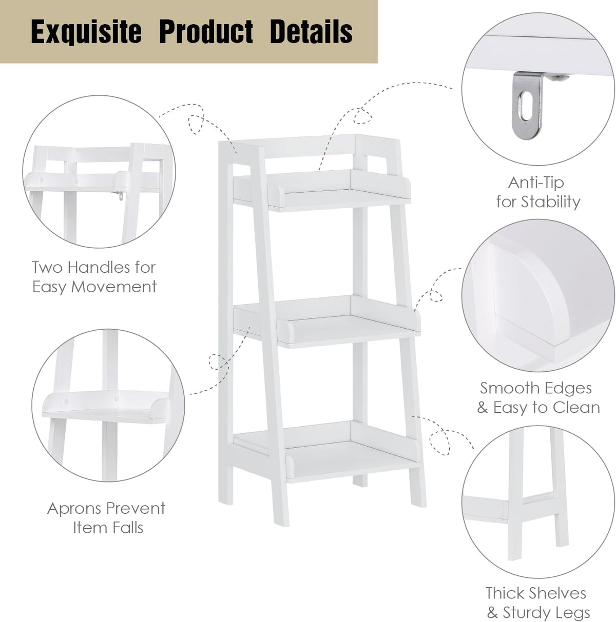 UTEX 3-Tier Ladder Shelf, Bathroom Shelf Freestanding, 3-Shelf Spacesaver Open Wood Shelving Unit, Ladder Shelf (White)