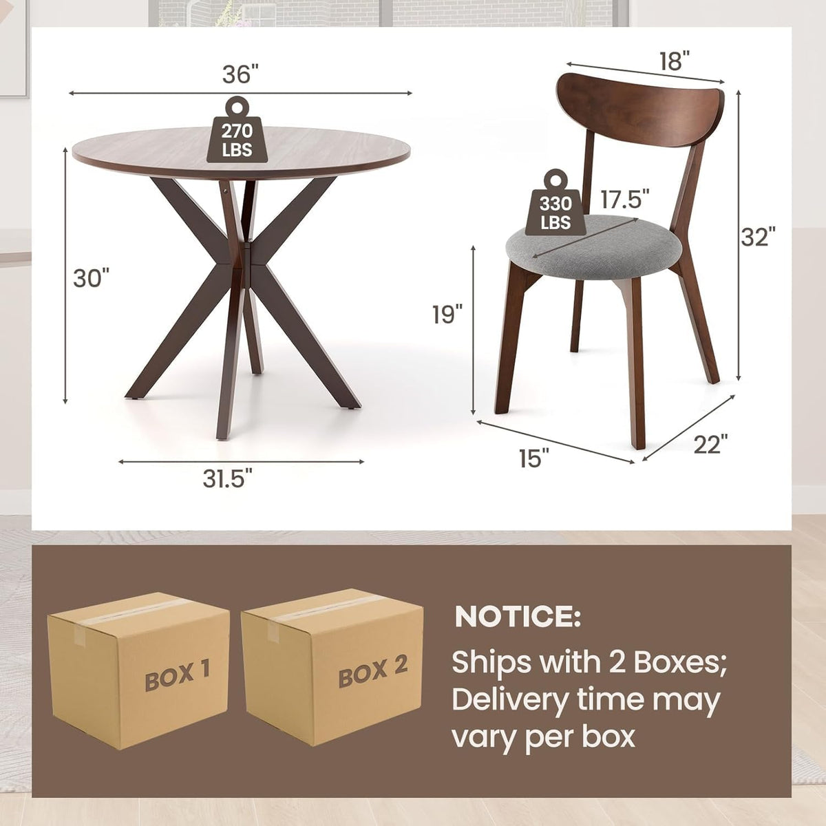 NAFORT Round Dining Table Set for 2, Mid-Century Modern Table and Chairs, Wood Kitchen Table w/Cushioned Chairs, Compact 3 Piece Dinette Set for Office, Bistro, Small Spaces, Kitchen, Restaurant