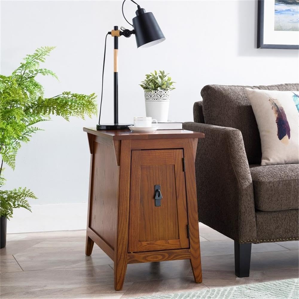 MAKLAINE Mission Cabinet Wood End Table, 24" H x 15" W x 24" D, Solid Ash Top with Oak Veneers, Hand Applied Russet Brown Finish, Concealed Storage Cabinet with Shelf, Living Room Furniture