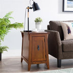 MAKLAINE Mission Cabinet Wood End Table, 24" H x 15" W x 24" D, Solid Ash Top with Oak Veneers, Hand Applied Russet Brown Finish, Concealed Storage Cabinet with Shelf, Living Room Furniture