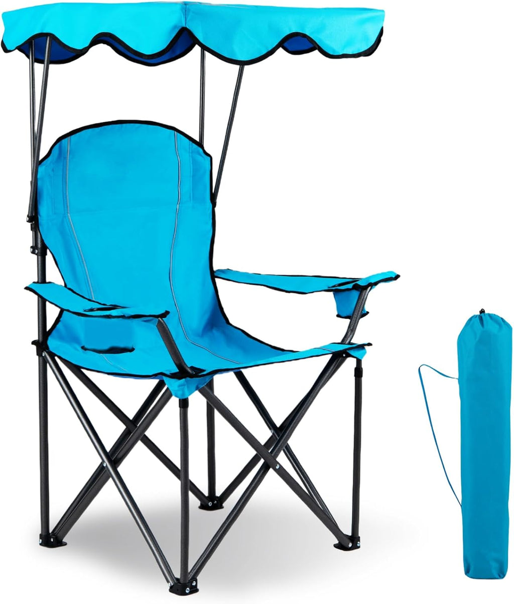 GYMAX Camping Chair, Folding Outdoor Lawn Chair with Canopy, Carry Bag & Cup Holder, Portable Heavy Duty Camp Chair for Outside Travel, Picnic, Beach Soccer Chairs