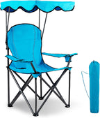 GYMAX Camping Chair, Folding Outdoor Lawn Chair with Canopy, Carry Bag & Cup Holder, Portable Heavy Duty Camp Chair for Outside Travel, Picnic, Beach Soccer Chairs