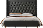 Jocisland Queen Bed Frame 61.4" Tall Headboard Velvet upholstered,Black