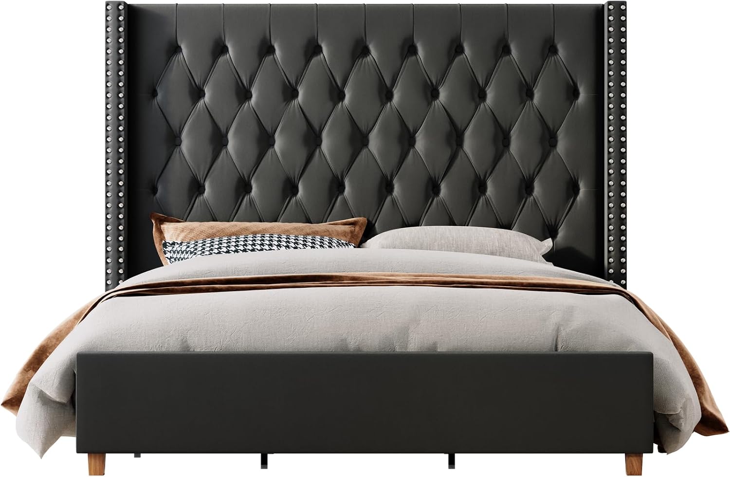 Jocisland Queen Bed Frame 61.4" Tall Headboard Velvet upholstered,Black
