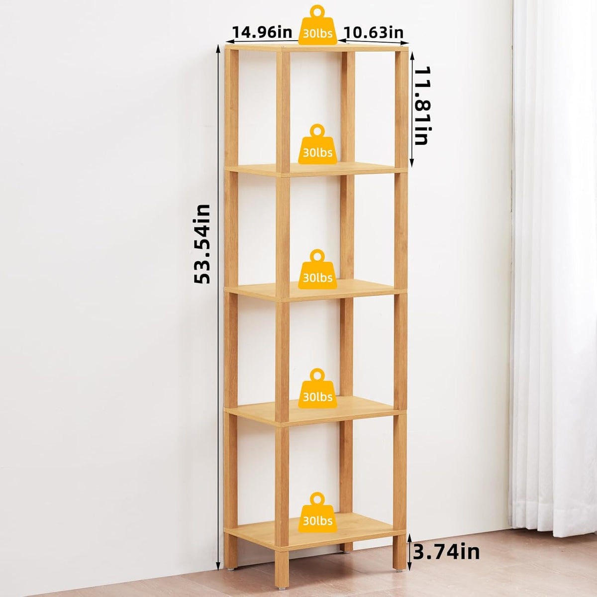YUFAM 54in Tall Bookshelf 5-Tier Small Narrow Bookcase, Skinny Book Shelf for Small Space, Farmhouse Slim Shelf with Storage, Wood Freestanding Display Thin Bookshelves for Living Room, Natural