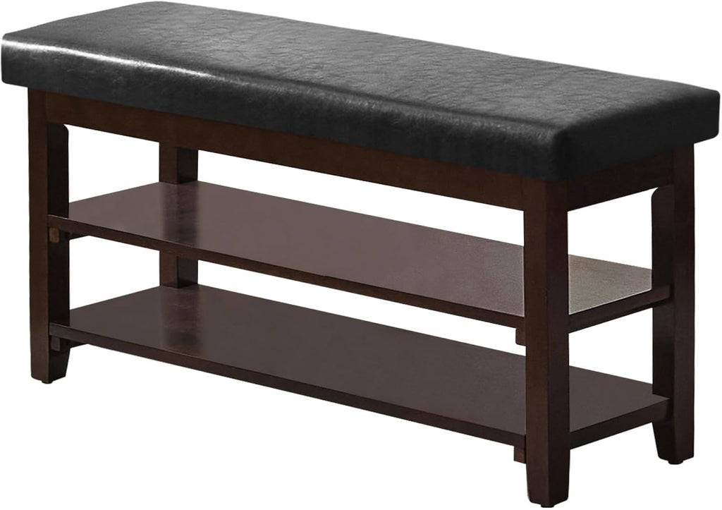 40" Shoe Bench with Leather Cushion, 2-Tier Shoe Rack Entryway Bench, Wood Bench for Front Door Entrance, Mudroom, Hallway, Wooden Shoe Shelves, Shoe Organizer, Shoe Storage, Black