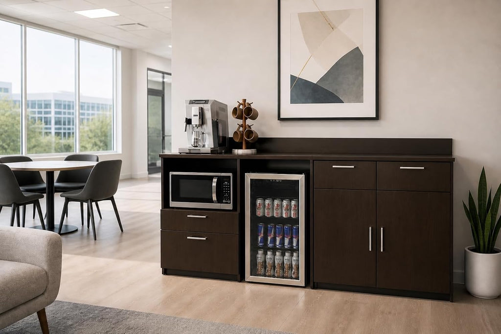 BREAKtime Breakroom Coffee Bar Cabinet with Door Storage, Mini Fridge and Microwave Space, Commercial-Grade, Fully Assembled, 84" W x 24" D x 36" H, Appliances Not Included