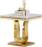 23'' Faux Marble End Table with High-Gloss U Base, Rectangular Marble Top Sofa Side Table for Living Room Office, Modern White Gold Accent Table with Stainless Steel Frame