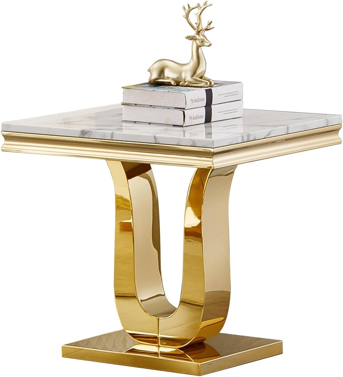 23'' Faux Marble End Table with High-Gloss U Base, Rectangular Marble Top Sofa Side Table for Living Room Office, Modern White Gold Accent Table with Stainless Steel Frame