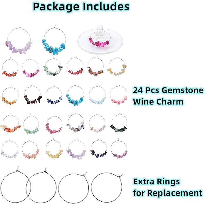 Pride & Par 24 Pcs Nature Gemstone Beads Glass Charms for Stem Glasses, Wine Glass Decoration for Weddings, Parties
