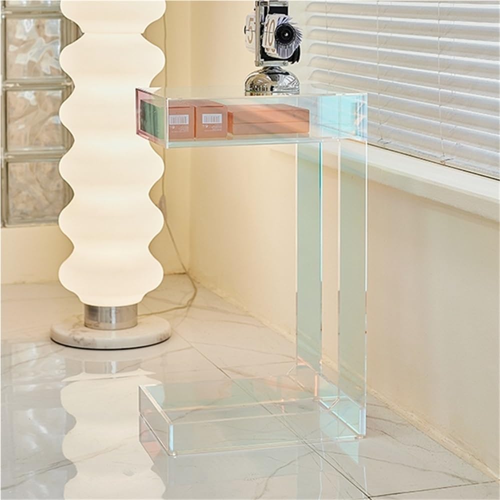 Acrylic Side Table with Integrated Base, Iridescent End Table, C-Shape Nightstand, Rainbow Coffee Table for Living Room, Bedroom