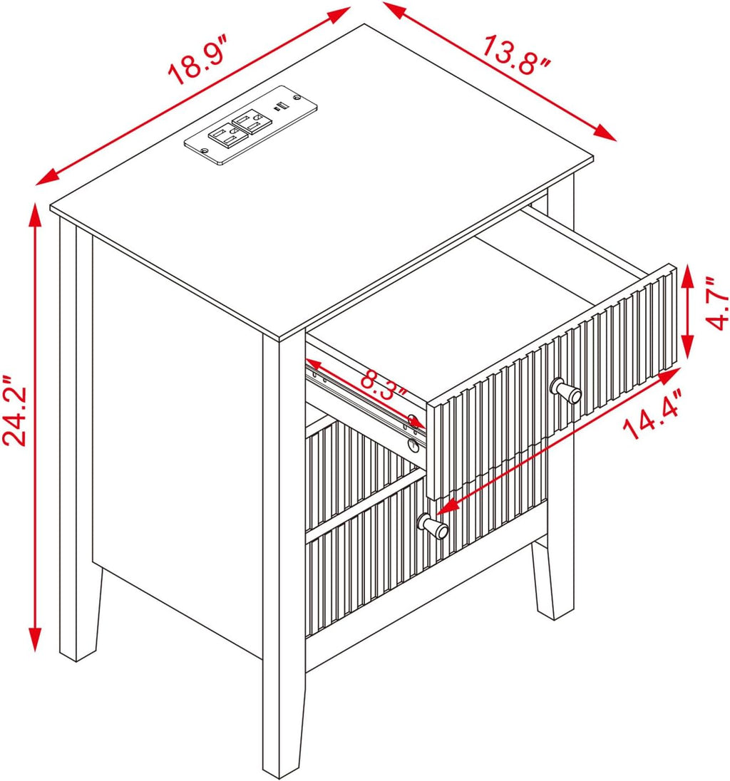 OCANDO White Bed Side Table with 3 Drawers 19" W, Bedroom Nightstand 24" H,Vintage Modern Night Stand with USB Ports,Living Room Fluted End Bedside Tables