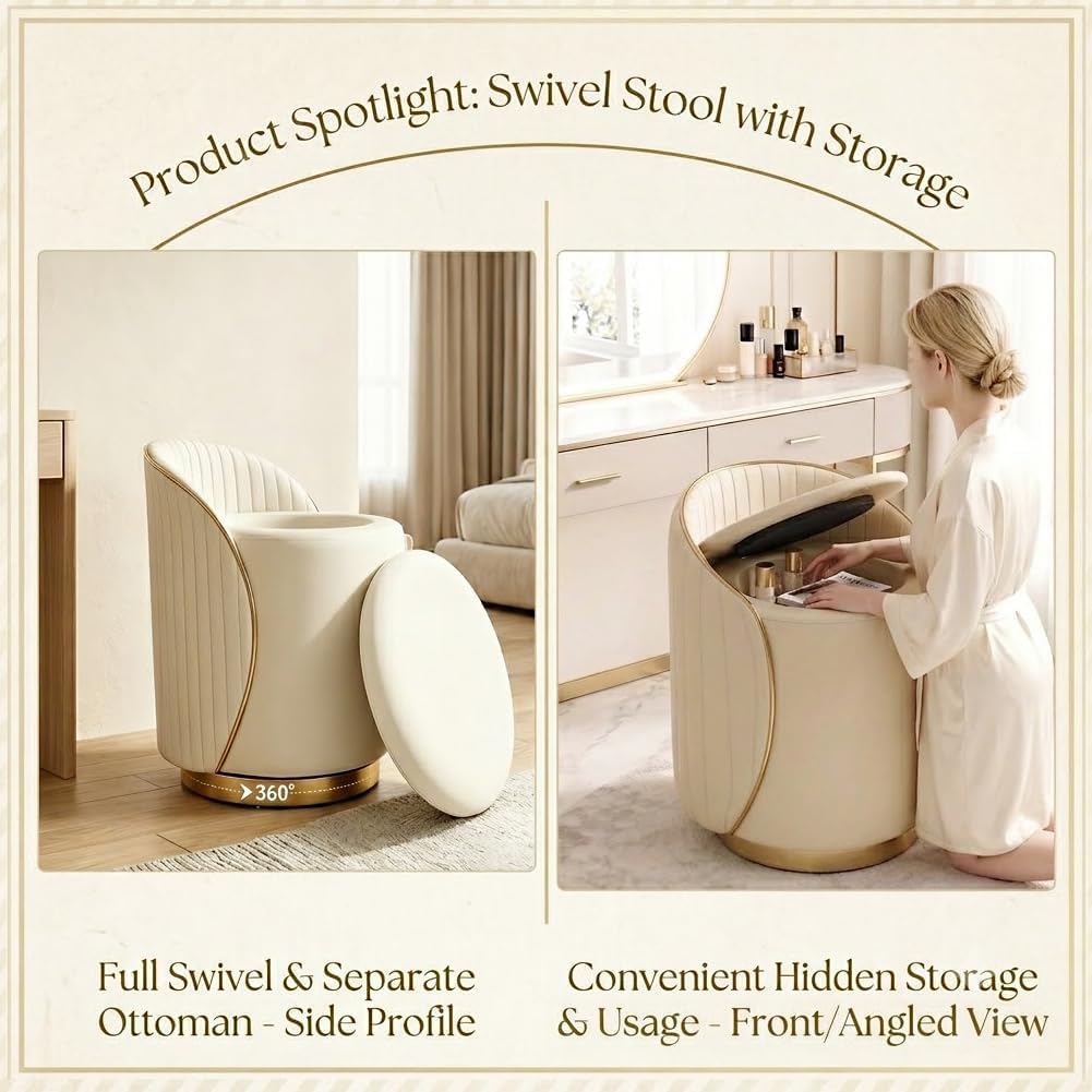 Luxury Vanity Stool with Storage, 360° Swivel Vanity Chair with Back, 400lbs Round Ottoman Leather Makeup Vanity Stool, Dressing Table Seat for Bedroom Bathroom Dressing Room (Beige- B)