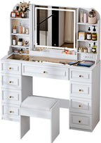 Arulvmrn 43" Makeup Vanity Desk with Mirror and Lights, & Power Outl, Glass Top Big Vanity Table with 9 Drawers& 8 Storage Shelves, Dressing Table Set with Chair for Bedroom, White