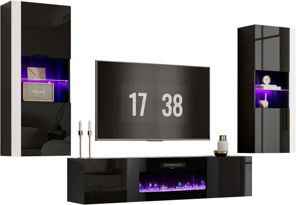 AMERLIFE Wall Unit Entertainment Center with 40" Electric Fireplace, Includes 80" Floating Fireplace TV Stand, 2 x Wall Cabinets, Modern LED Light Media Console Table for Living Room, Black