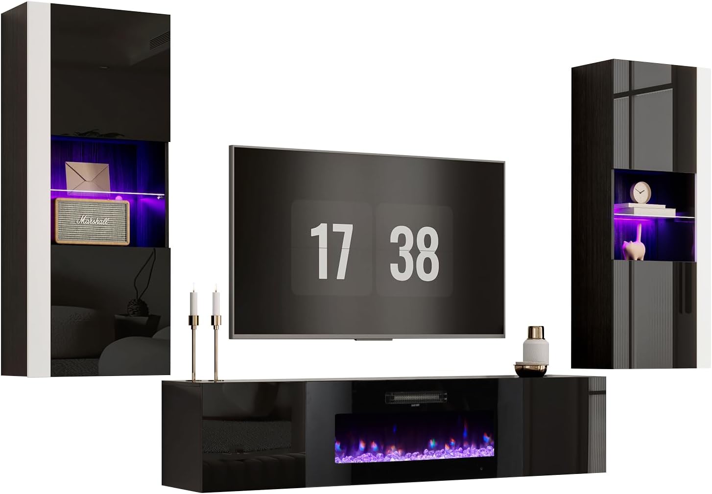 AMERLIFE Wall Unit Entertainment Center with 40" Electric Fireplace, Includes 80" Floating Fireplace TV Stand, 2 x Wall Cabinets, Modern LED Light Media Console Table for Living Room, Black