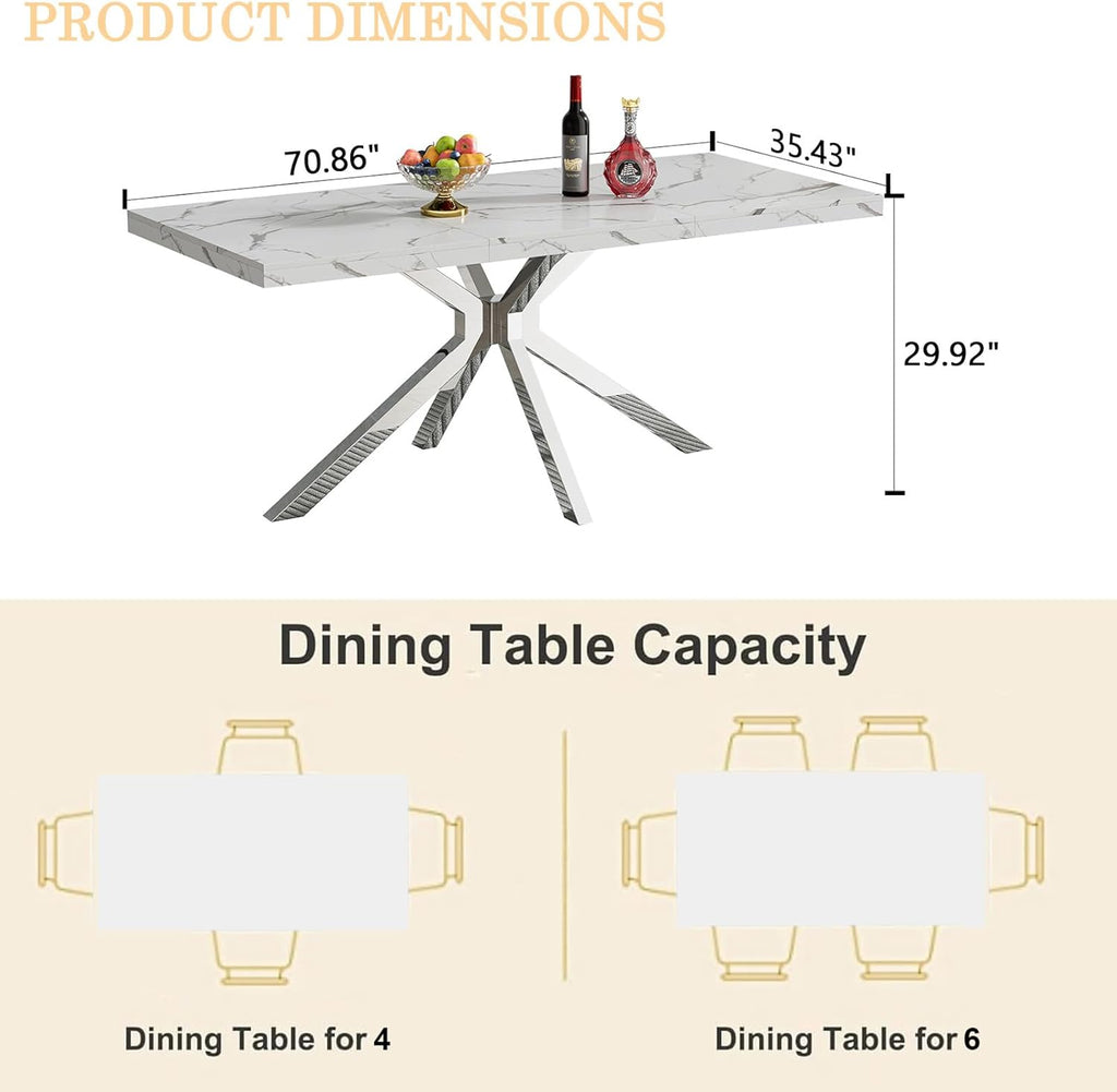 Marble Dining Table for 4 6, 70.8 Inch Rectangular Dining Room Kitchen Tables with Silver Stainless Steel Legs, Modern Luxury Dinner Tables for Kitchen, Living Room, Easy Assembly