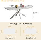 Marble Dining Table for 4 6, 70.8 Inch Rectangular Dining Room Kitchen Tables with Silver Stainless Steel Legs, Modern Luxury Dinner Tables for Kitchen, Living Room, Easy Assembly