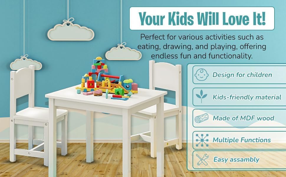 HYGRAD BUILT TO SURVIVE Kids Wooden Table and Chair Set - Stable and Sturdy Toddler Activity Table for Craft, Art - Perfect Children Gift for Livingroom, Daycare, Classroom, Playroom (White)