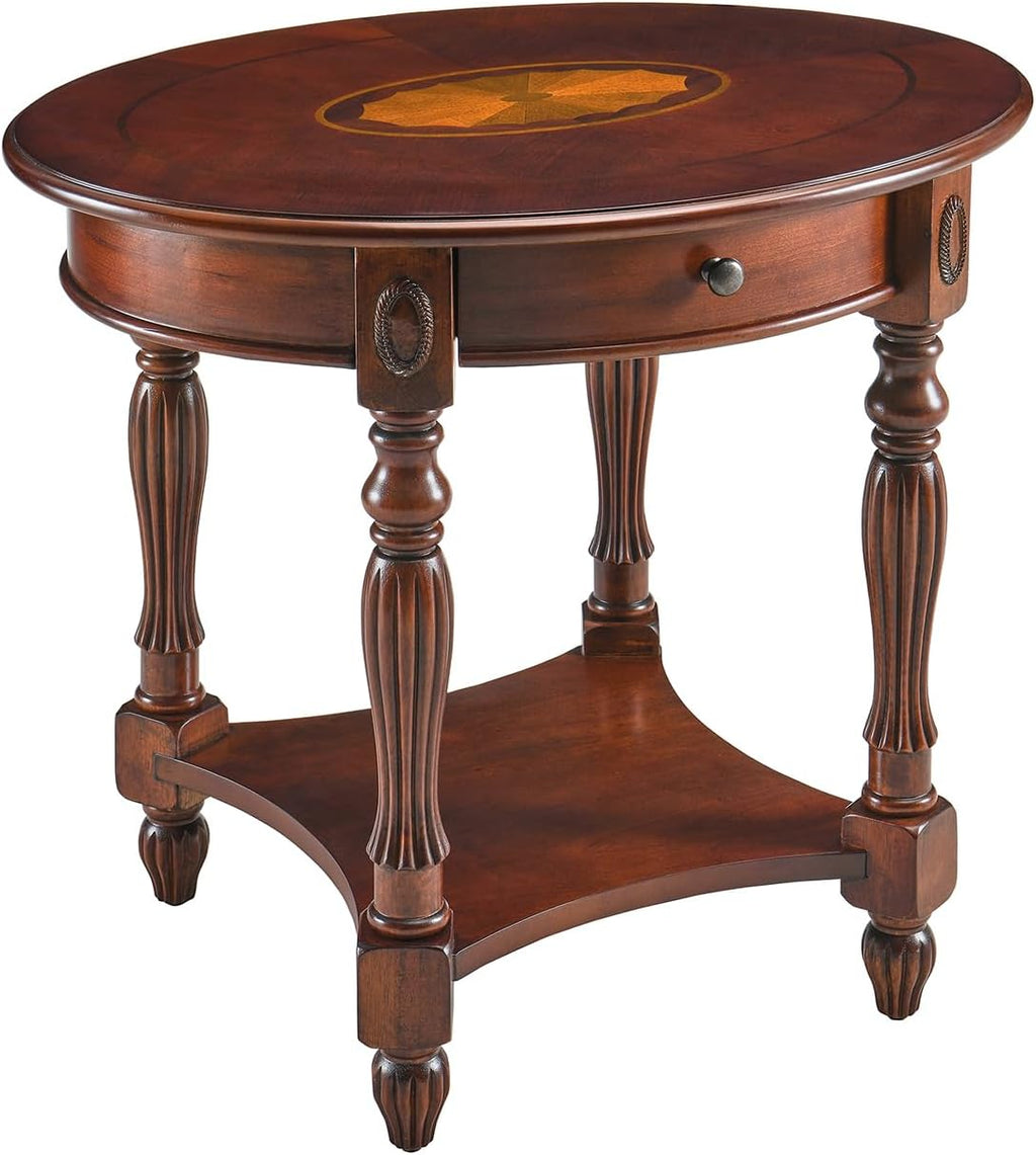 Solid Wood Oval End Table with Drawer, 28"x24" Sofa Side Table with Patterned Top and Vintage Carved Edge, Cherry Walnut Finish for Living Room or Bedroom