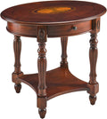 Solid Wood Oval End Table with Drawer, 28"x24" Sofa Side Table with Patterned Top and Vintage Carved Edge, Cherry Walnut Finish for Living Room or Bedroom