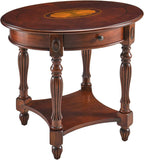 Solid Wood Oval End Table with Drawer, 28"x24" Sofa Side Table with Patterned Top and Vintage Carved Edge, Cherry Walnut Finish for Living Room or Bedroom