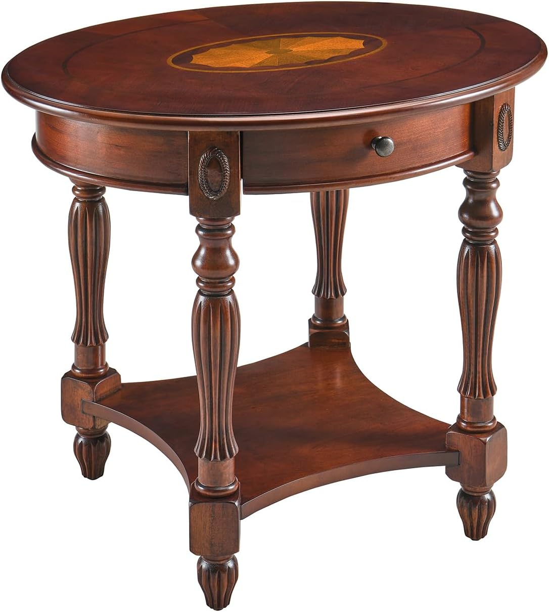 Solid Wood Oval End Table with Drawer, 28"x24" Sofa Side Table with Patterned Top and Vintage Carved Edge, Cherry Walnut Finish for Living Room or Bedroom
