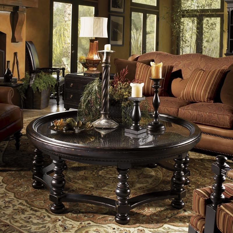 Coffee Table Solid Wood Round Coffee Table Black Retro Coffee Table Home Sofa Side Table Glass Double Layer Low Table Mesa para Centro De Sala