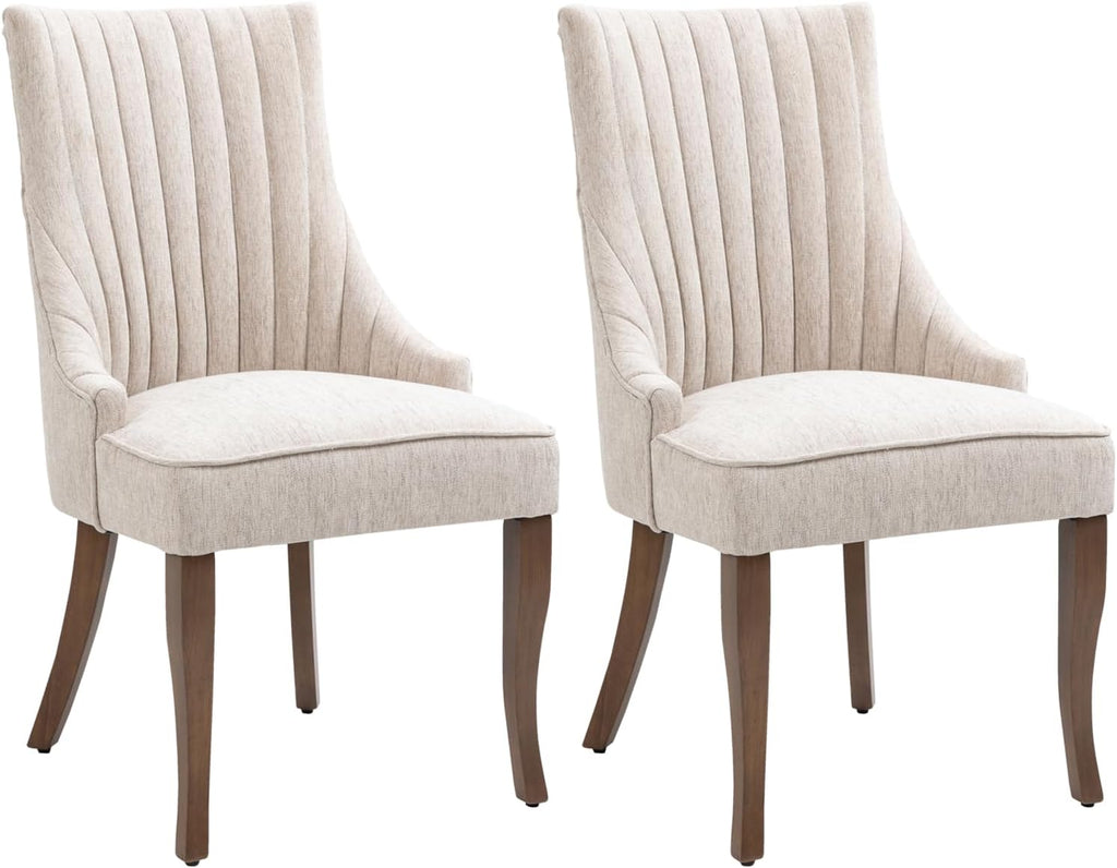 Linen Kitchen and Dining Chairs Set of 2, Channel Tufted Dining Room Chairs Comfy Fabric, Upholstered sillas for Dining Room with Solid Wood Legs