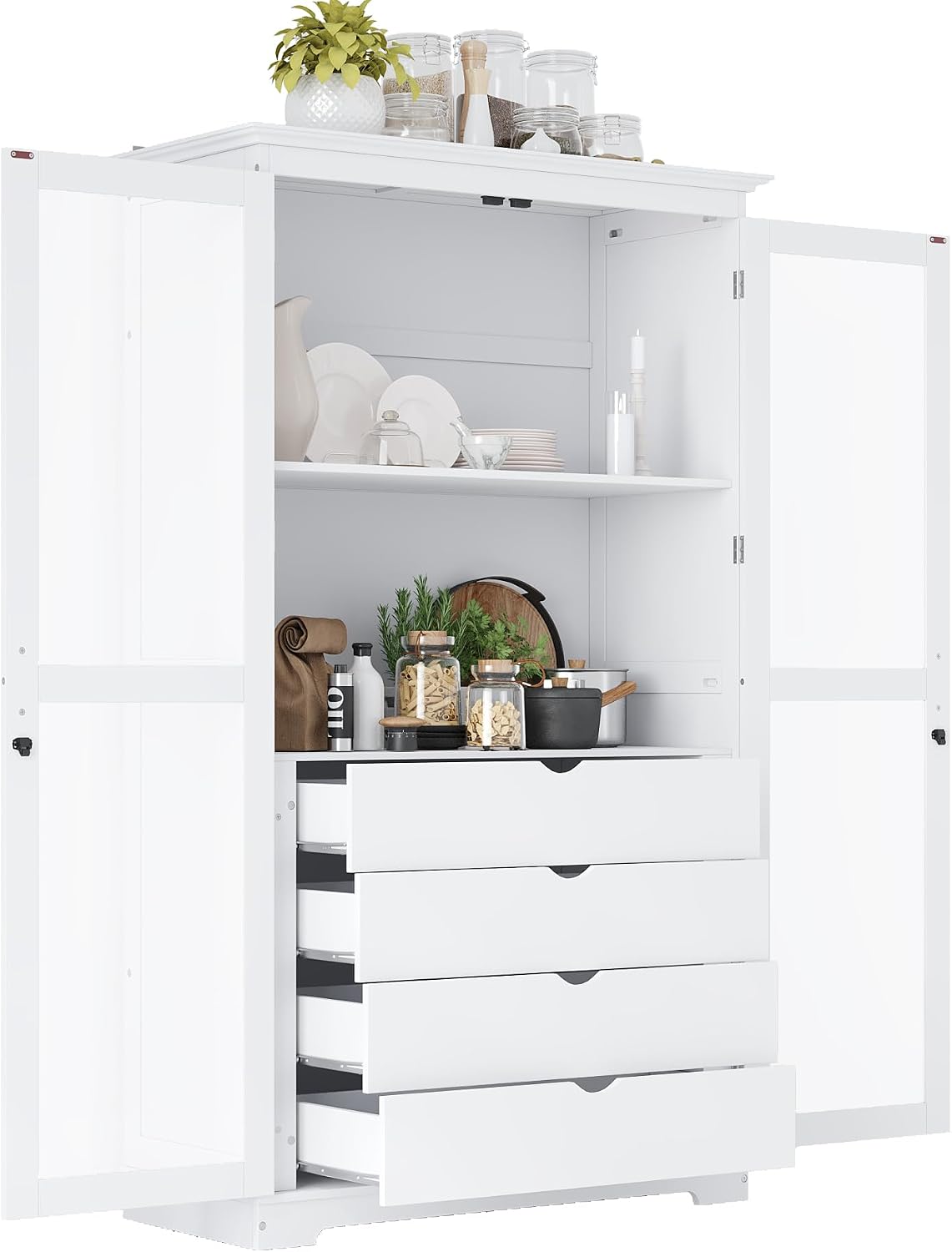 roomfitters 75" Kitchen Pantry, Freestanding Storage Cabinet Display Cabinet with Glass Doors and 4 Drawers, White