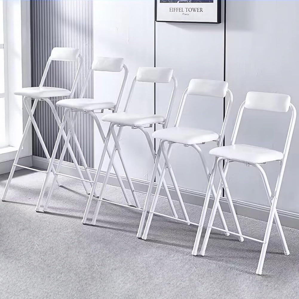 Tall Folding Stool Chair, 22/24/26/28/30 Inch Folding Bar Stool with Backrest and Padded, Portable Indoor Counter Bar Stools, Home Adults Breakfast Stool(White,30 inch(75 cm))