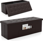 43 Inches Folding Storage Ottoman Bench, Foldable Foot Rest Stool End of Bed Bench with Side Pocket, Storage Chest for Living Room, Entryway & Bedroom (Brown)