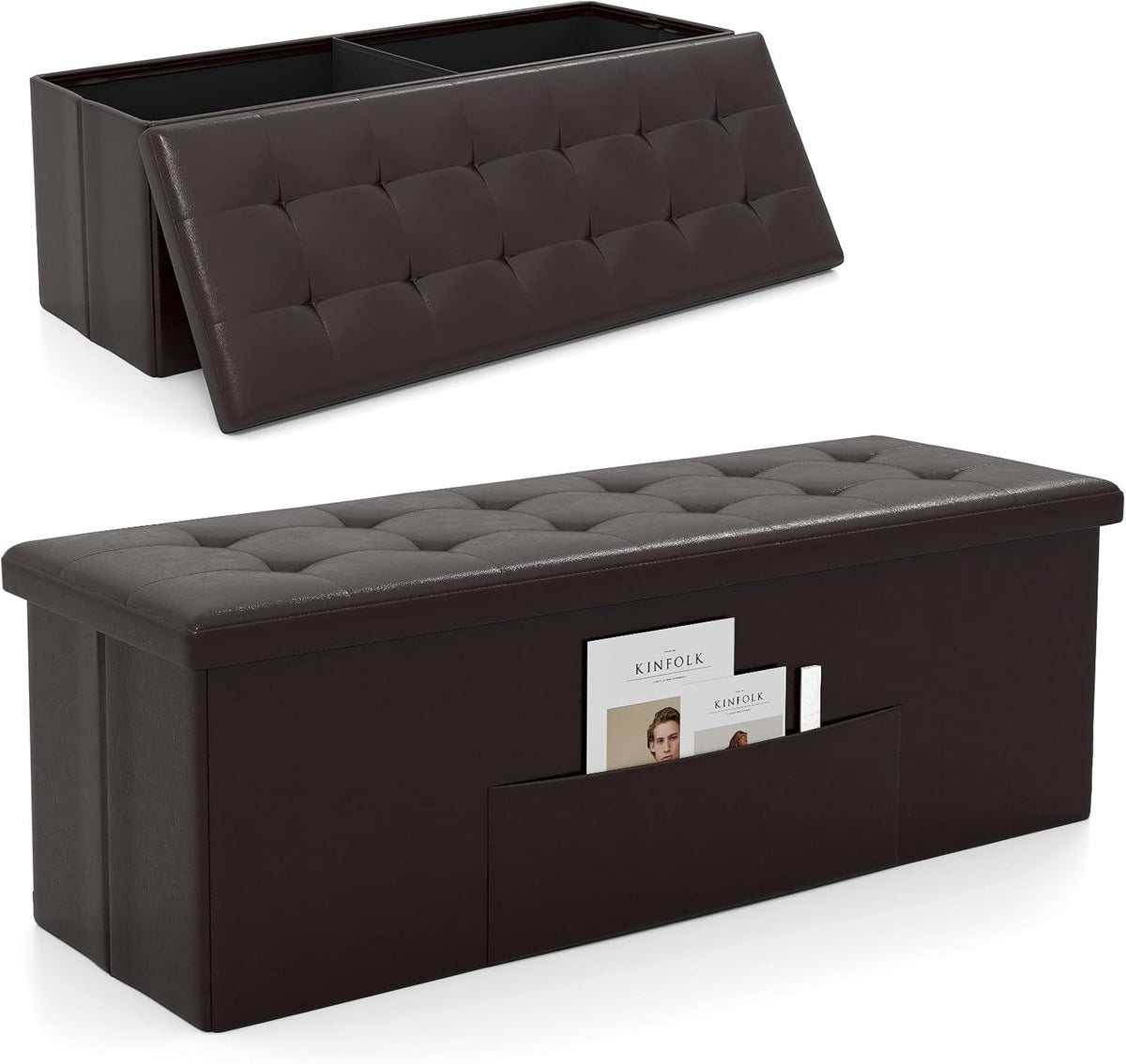 43 Inches Folding Storage Ottoman Bench, Foldable Foot Rest Stool End of Bed Bench with Side Pocket, Storage Chest for Living Room, Entryway & Bedroom (Brown)