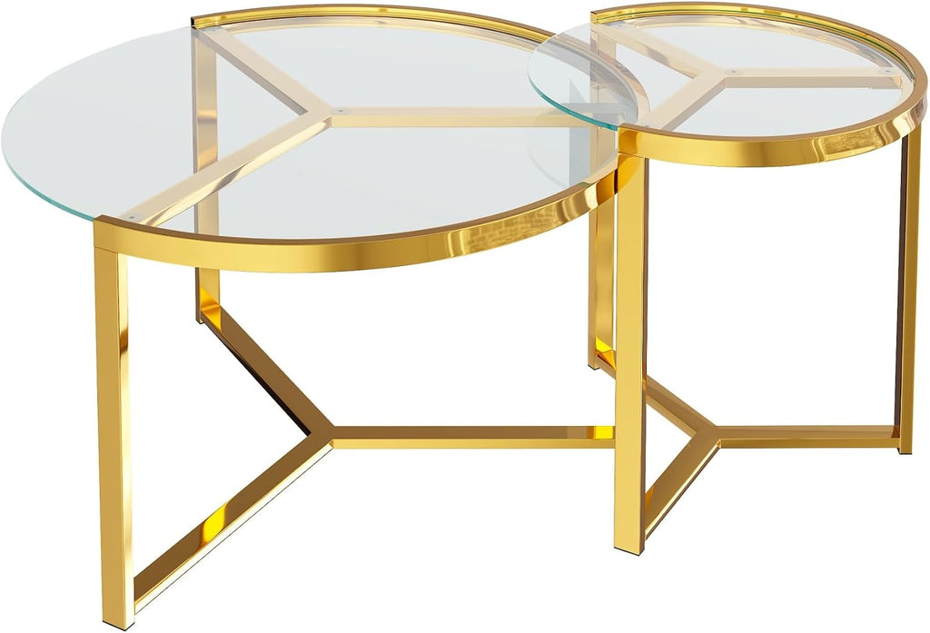 Round Nesting Coffee Table Set of 2 with Gold Frame & Mirrored Top, Black | Modern Circular Cocktail Tables with Tempered Glass, Space-Saving for Living Room & Apartment