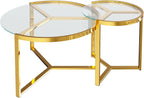 Round Nesting Coffee Table Set of 2 with Gold Frame & Mirrored Top, Black | Modern Circular Cocktail Tables with Tempered Glass, Space-Saving for Living Room & Apartment