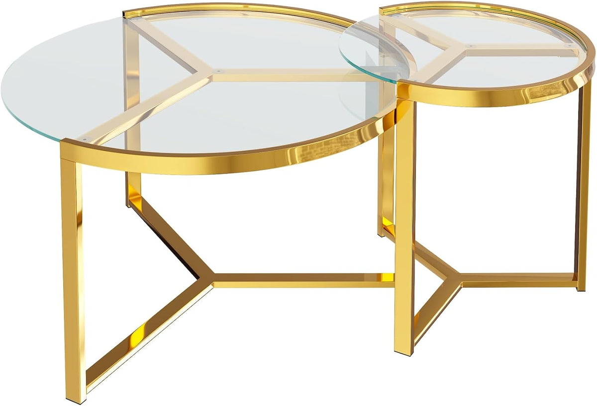 Round Nesting Coffee Table Set of 2 with Gold Frame & Mirrored Top, Black | Modern Circular Cocktail Tables with Tempered Glass, Space-Saving for Living Room & Apartment