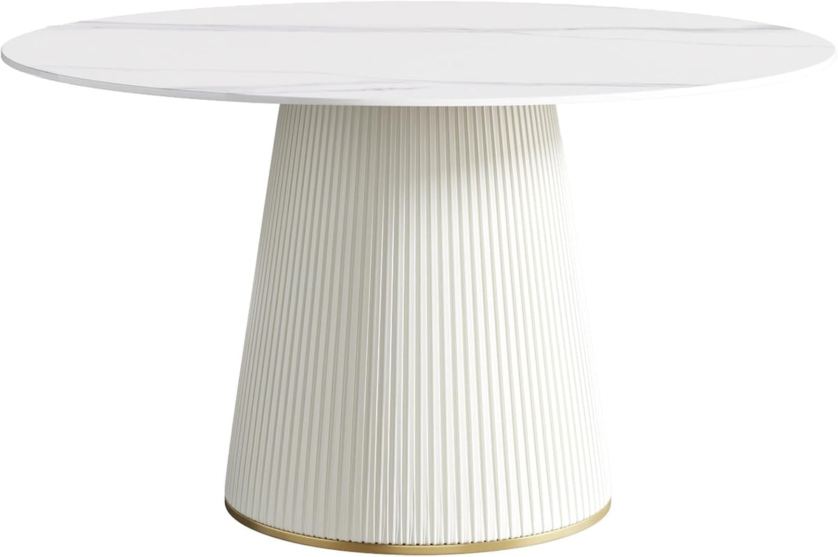 Montary 53” Modern Round Dining Table for 4-6 People, Minimalist Artificial Marble Kitchens Table with Beige Plywood PU Base, Snow Mountain White Sintered Stone Top Dining Room Table
