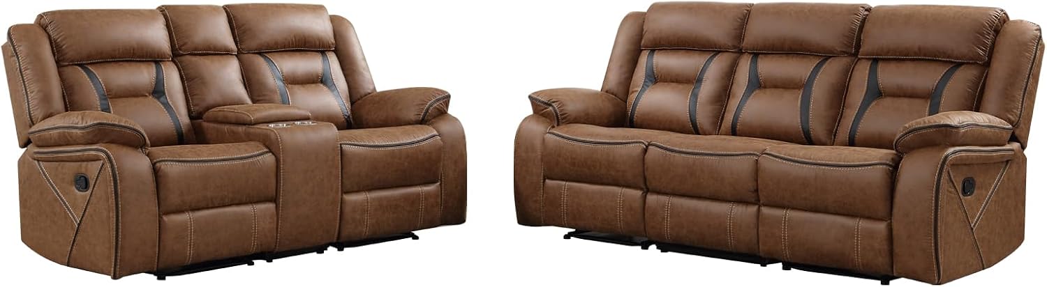 EBELLO Manual Recliner Sofa Set, Faux Leather Reclining Living Room Furniture Set, Included Recliner Chair and 3 Seat Manual Recline Sofa, Brown