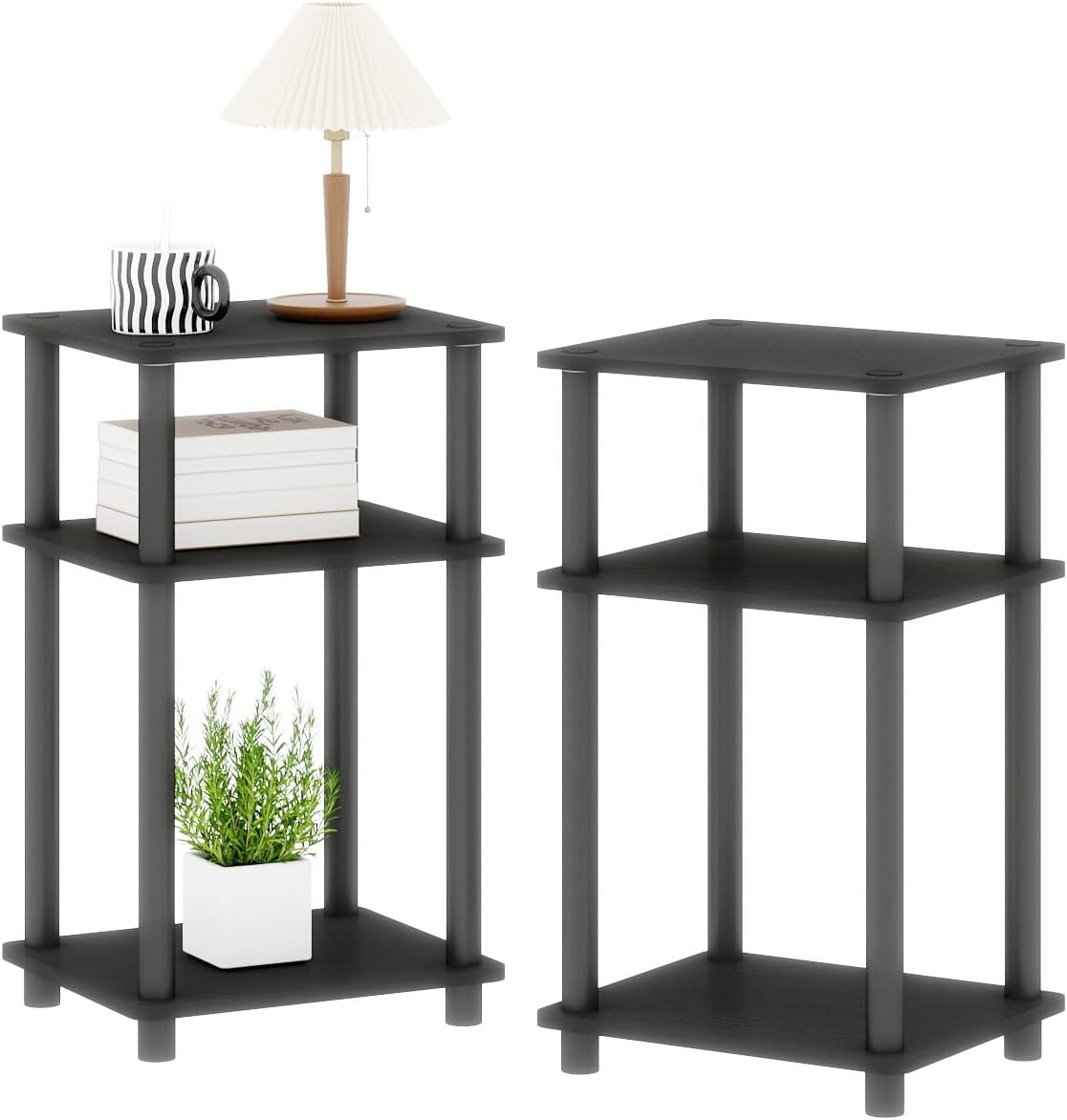 3-Tier Black End Tables Set of 2, Engineered Wood Small Side Tables with Storage Shelves, Small Nightstands for Bedroom, Living Room, Bathroom, Black