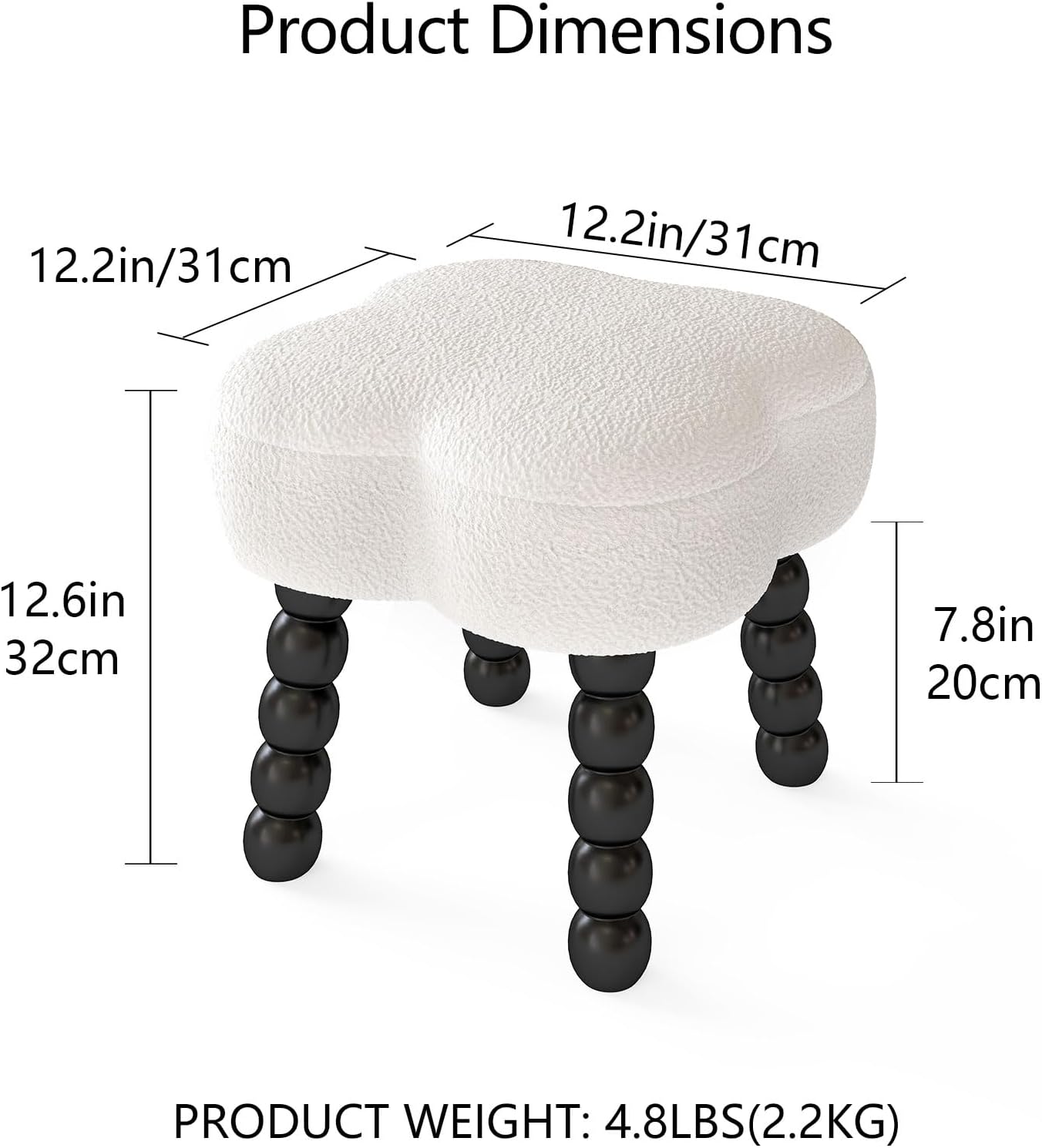 White Ottoman, Small Footrest, Clover-White | Storage Space, Unique Shaped, Wood Legs, Faux Teddy Fur