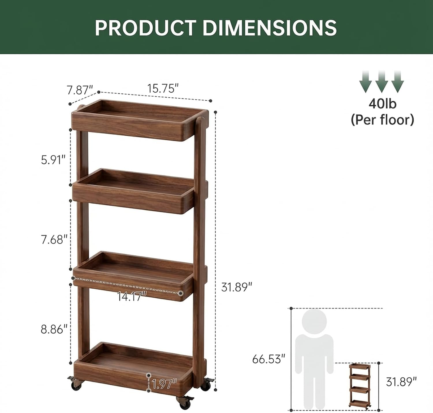 Small Narrow Side Table with Wheels, Skinny End Table for Small Spaces, 4 Tier Side Table for Living Room Bedroom(Walnut, 7.87" D x 15.75" W x 31.89" H)