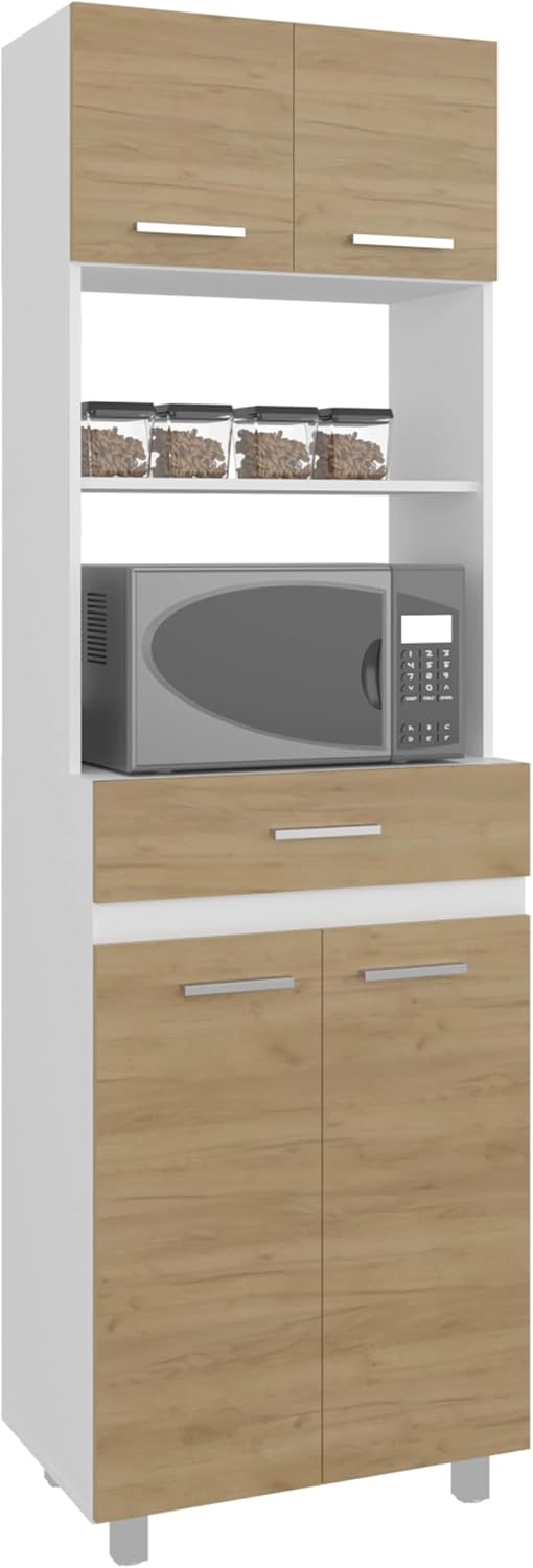 24" Beggs Kitchen Pantry, 4 Doors, 1 Drawer, 4 Legs, 4 Shelves, Natural Oak/White - Kitchen – Tall Kitchen Storage & Pantry Organization for Kitchen, Dining Room & Utility Room Organization