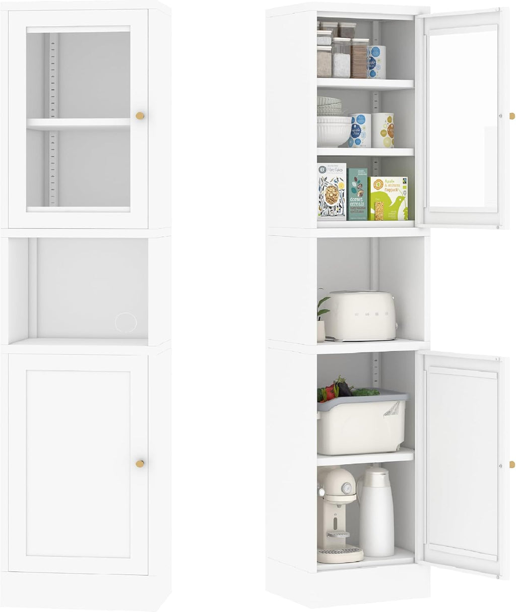 69" Tall Metal Pantry Cabinet with Microwave Stand,Microwave Storage Cabinet with 2 Doors & 3 Adjustable Shelves for Kitchen (2 Glass Doors-White, 11.81" D x 15.75" W x 66.93" H)