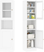 69" Tall Metal Pantry Cabinet with Microwave Stand,Microwave Storage Cabinet with 2 Doors & 3 Adjustable Shelves for Kitchen (2 Glass Doors-White, 11.81" D x 15.75" W x 66.93" H)