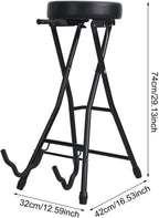 Guitar Stool, Foldable Padded Seat with Built-in Stand & Footrest, Retractable Hook Non-Slip Feet for Acoustic Electric Bass Home Studio Practice (Black-B)