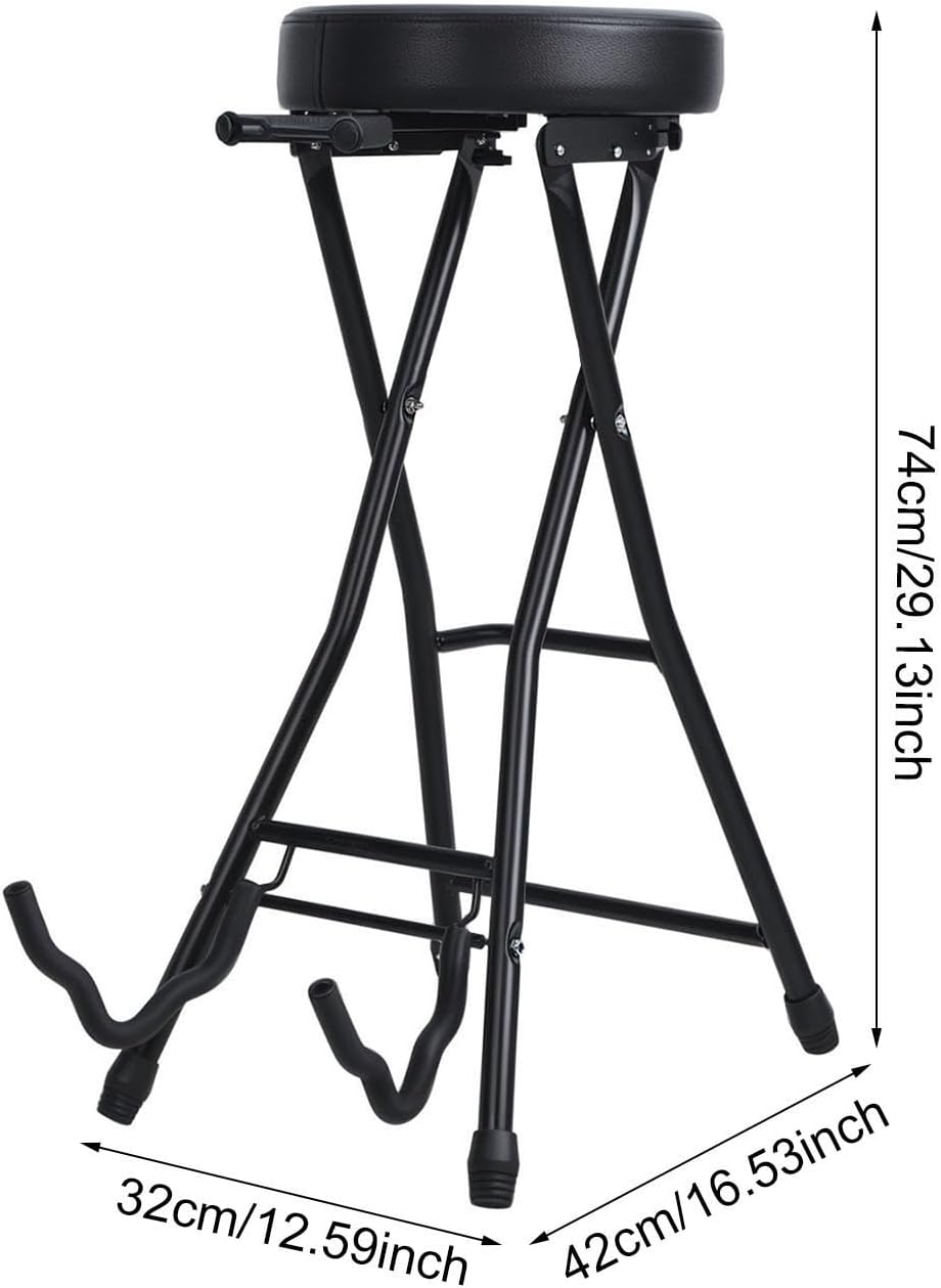 Guitar Stool, Foldable Padded Seat with Built-in Stand & Footrest, Retractable Hook Non-Slip Feet for Acoustic Electric Bass Home Studio Practice (Black-B)