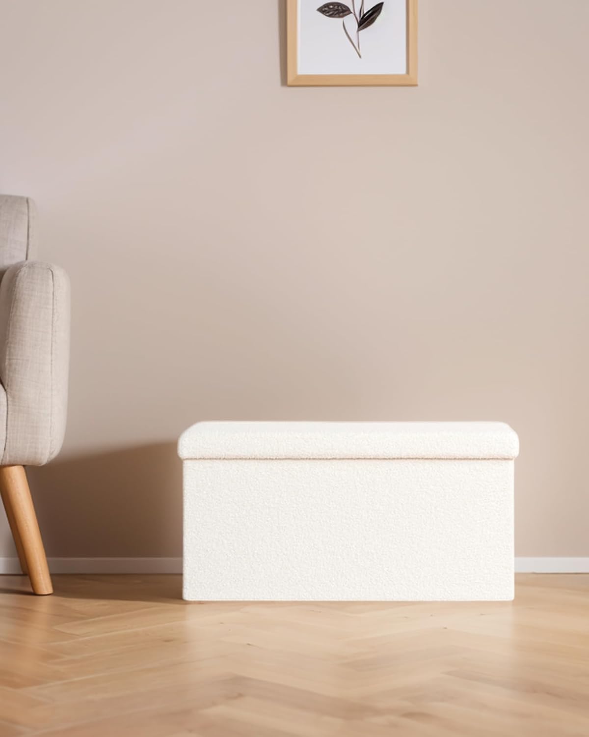 30 Inch Storage Ottoman Bench, Boucle Folding Ottoman Footstool, Rectangular Sherpa Footrest Storage Bench for Bedroom, Living Room, Entryway, Dorm, White